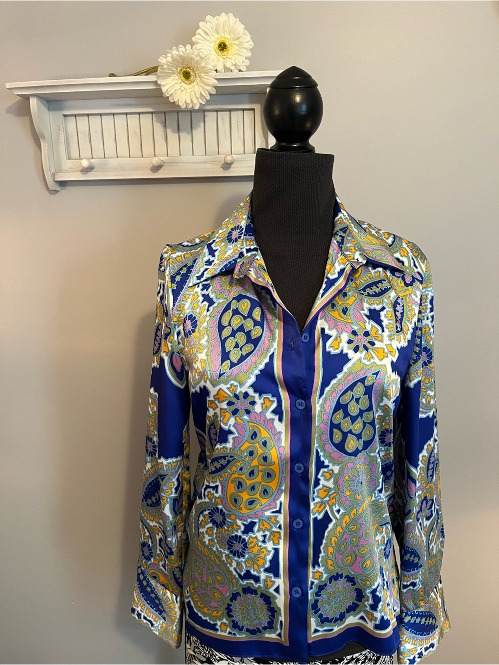 Zara Blue Paisley Silk-Feel Button Down Shirt EUC